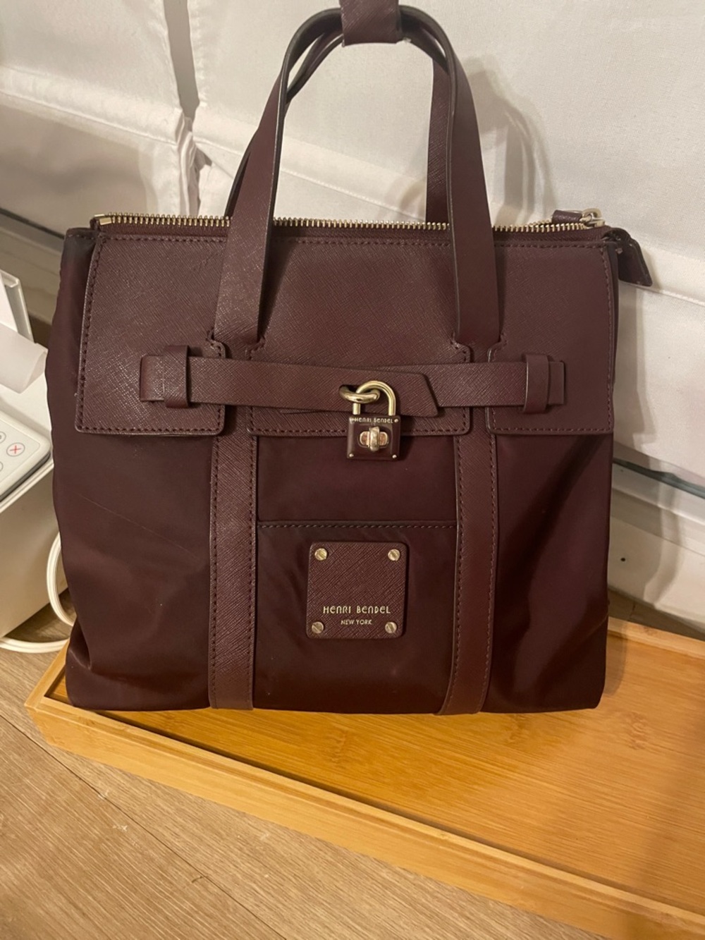 Henri Bendel Deep Burgundy mini Tote with Gold Hardware